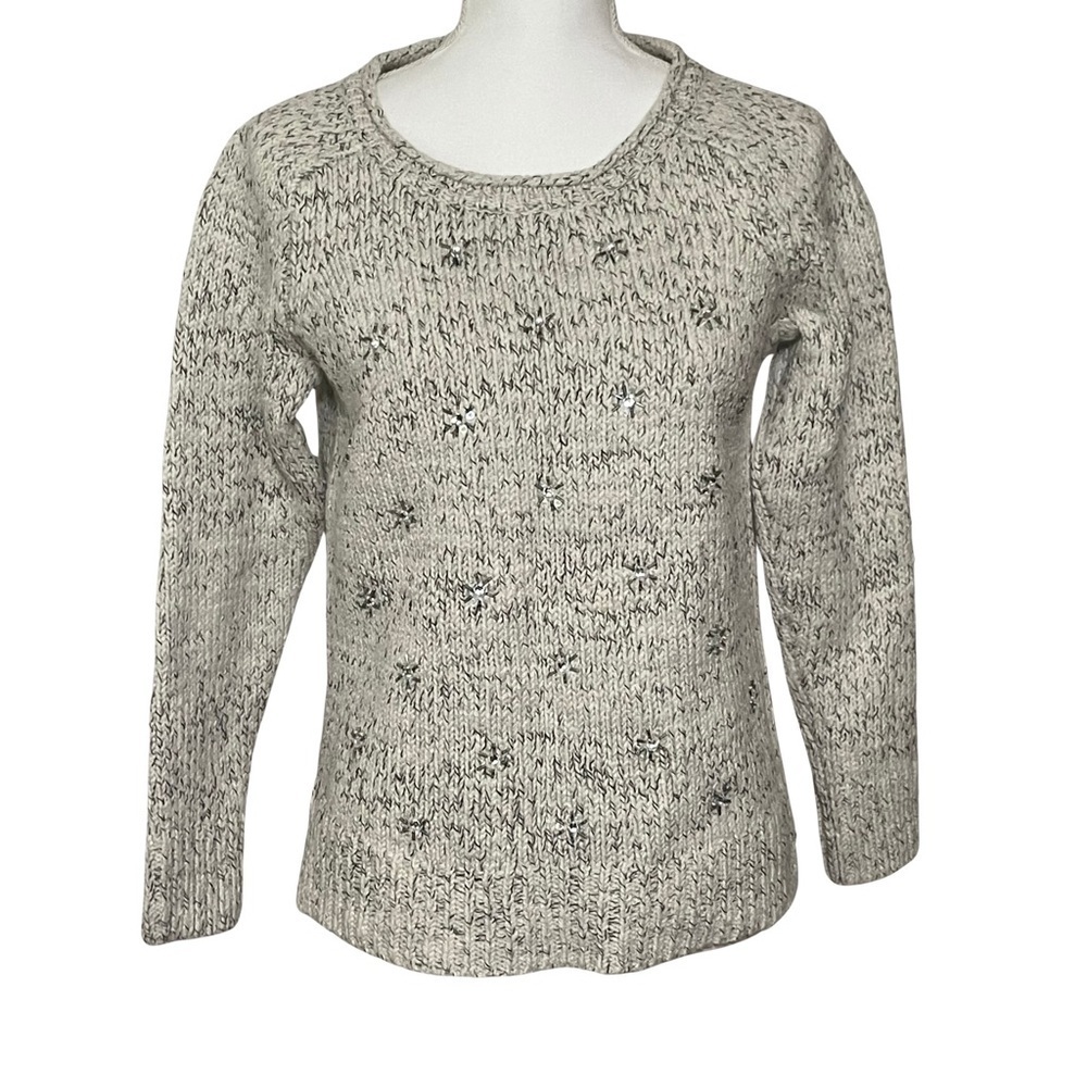 LOFT Women's Heathered Cream Colored Crew Neck Sweater with Snowflake Beading,